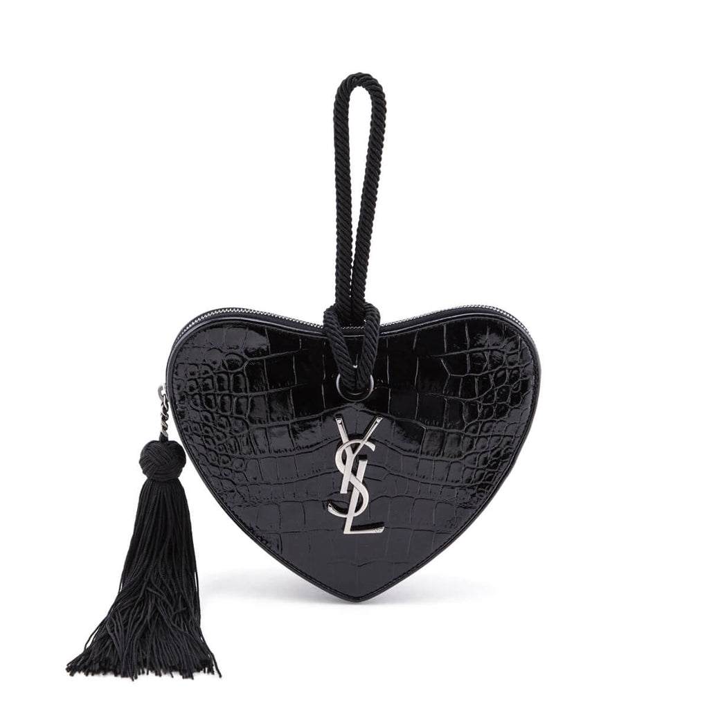 SAINT LAURENT Patent Crocodile Embossed Sac Coeur Heart Shaped Clutch Black  1264215