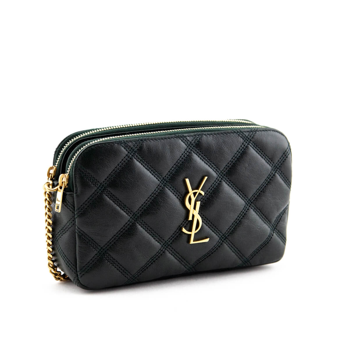 Ysl - Green Quilted Grainy Zip Pouch