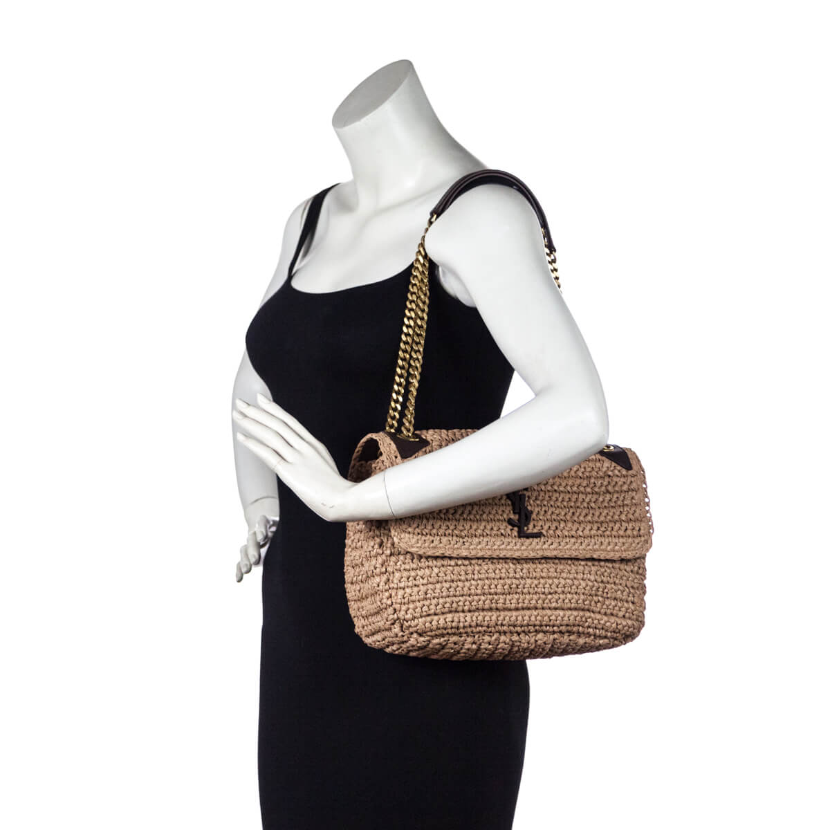 Saint Laurent Natural Raffia & Leather Medium Niki Bag - Preloved YSL