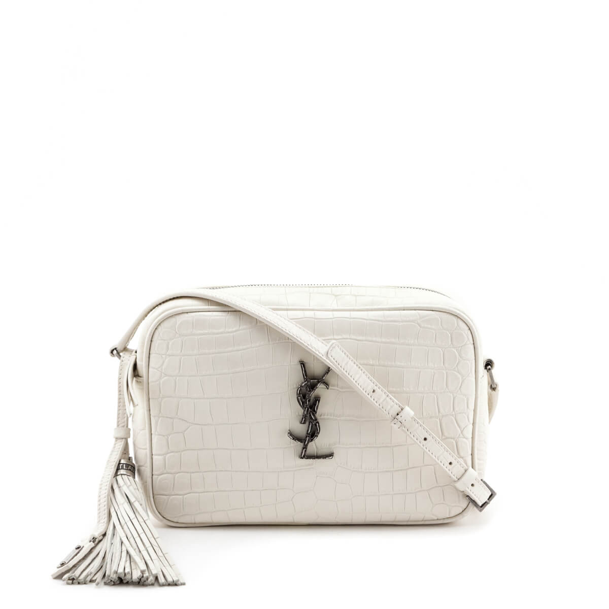 Saint Laurent White Crocodile-Embossed Leather Medium Lou Monogram Bag