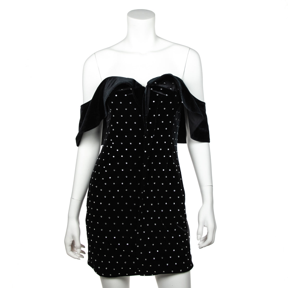Self-Portrait Black Velvet Rhinestone-Embellished Off-the-Shoulder Mini Dress Size XXS | UK 6 - Love that Bag etc - Preowned Authentic Designer Handbags & Preloved Fashions
