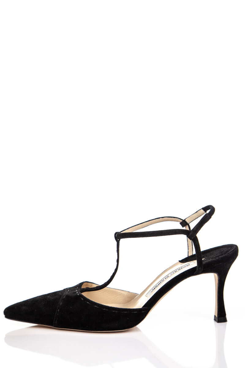 Manolo Blahnik Black Suede T-Strap Pumps Size US 8.5 | EU 38.5