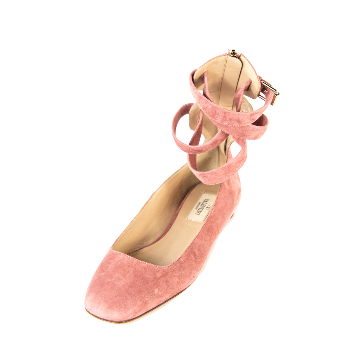 Valentino Pink Suede Ankle Strap Ballet Flats Size 6 | EU 36 - Love that Bag etc - Preowned Authentic Designer Handbags & Preloved Fashions