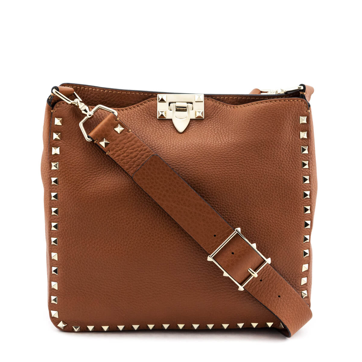 Valentino Tan Pebbled Calfskin Small Rockstud Flip-Lock Messenger Bag - Love that Bag etc - Preowned Authentic Designer Handbags & Preloved Fashions