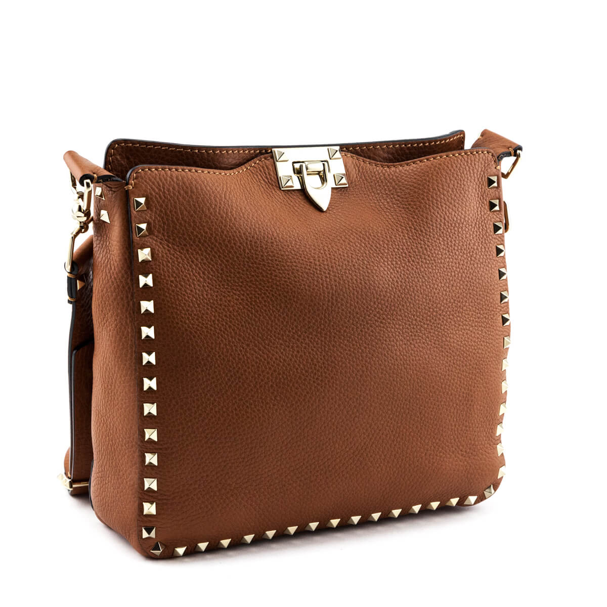 Valentino Tan Pebbled Calfskin Small Rockstud Flip-Lock Messenger Bag - Love that Bag etc - Preowned Authentic Designer Handbags & Preloved Fashions