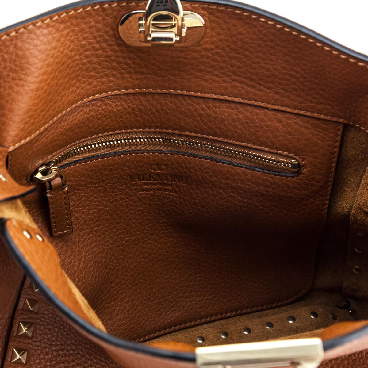 Valentino Tan Pebbled Calfskin Small Rockstud Flip-Lock Messenger Bag - Love that Bag etc - Preowned Authentic Designer Handbags & Preloved Fashions