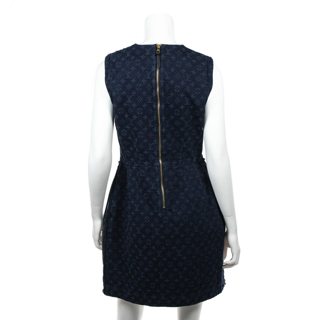 Louis Vuitton Flocked Monogram Denim Zip-Up Dress Navy. Size 36