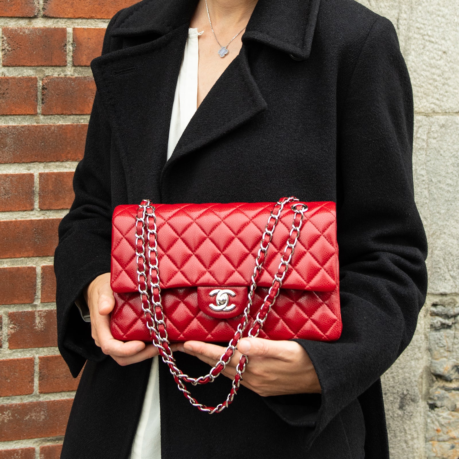 Chanel Red Quilted Caviar Classic Medium Double Flap Bag - Chanel